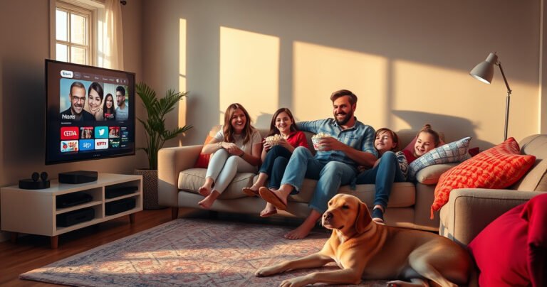 A cozy living room scene featuring a sleek Apple TV displaying vibrant local channels, warm light from a nearby window casting soft shadows, a family of four joyfully gathered on a plush sofa, popcorn bowl in hand, colorful throw pillows scattered around, a pet dog lounging contentedly on the floor, evoking a sense of togetherness and entertainment.