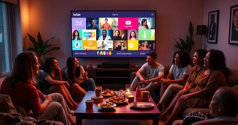A vibrant living room scene featuring a large TV displaying colorful YouTube Reels, surrounded by a diverse group of friends laughing and engaging. Soft lighting casts a warm glow, with snacks and drinks on a coffee table. A cozy atmosphere invites viewers to explore the intersection of social media and streaming entertainment.