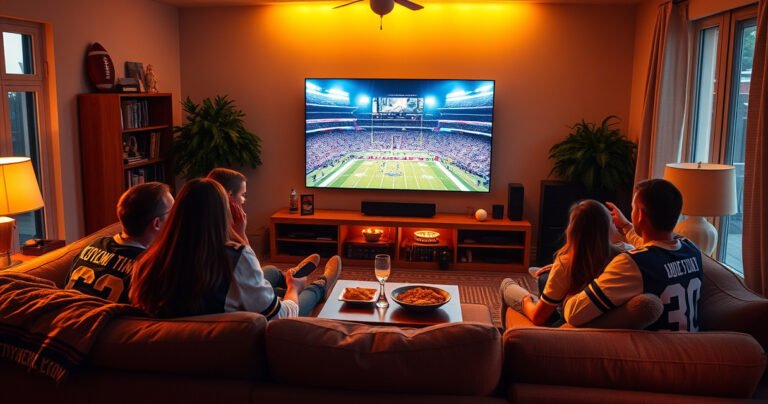 A cozy living room illuminated by soft golden light, featuring a sleek Apple TV displaying a vibrant Super Bowl game. Friends gathered on a plush couch, snacks scattered around, wearing jerseys, eyes glued to the screen, excitement and anticipation in the air. A football-themed decor adds to the atmosphere, capturing the essence of game day.