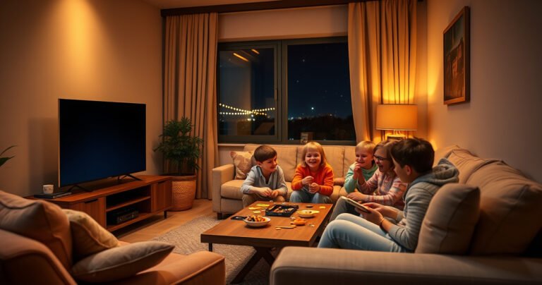 A cozy living room featuring a sleek smart TV turned off, surrounded by plush furniture and warm ambient lighting. A family is gathered, laughter in the air, enjoying board games and snacks. A window shows a starry night outside, hinting at connection beyond technology. The scene captures warmth, togetherness, and the essence of offline joy.