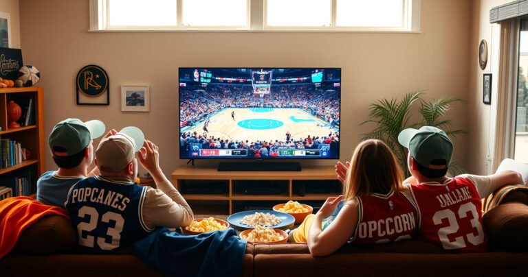 A cozy living room scene with a large flat-screen TV displaying a vibrant NBA Finals game, colorful team jerseys draped over the couch, popcorn bowls overflowing, and friends cheering excitedly while wearing basketball caps. Natural light streams through the window, casting a warm glow on the room filled with team memorabilia and energetic anticipation.