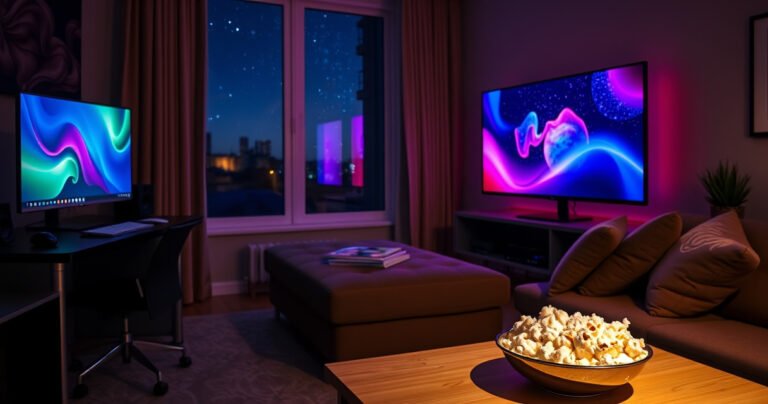 A cozy living room with a sleek computer desk on one side, a large monitor glowing with vibrant colors, and a plush sofa facing the screen. A bowl of popcorn sits on the table, dim lighting creates an inviting atmosphere, and a window shows a starry night outside, blurring the lines between work and entertainment.