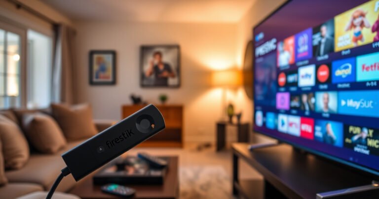 A sleek black Firestick plugged into a modern flat-screen TV, glowing softly as it powers up. In the background, a cozy living room with warm lighting, plush sofas, and a coffee table cluttered with remote controls. A vibrant screen displays colorful streaming icons, hinting at endless entertainment possibilities.