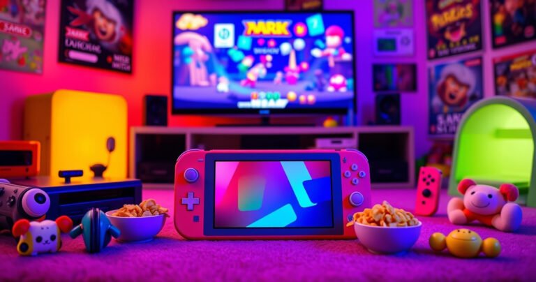 A vibrant Nintendo Switch Lite set against a colorful backdrop of gaming consoles and accessories, with a glowing TV screen displaying a lively game scene. The room is filled with playful energy, featuring plush gaming characters, snack bowls, and posters of classic video games, inviting viewers into the world of gaming connectivity and fun.