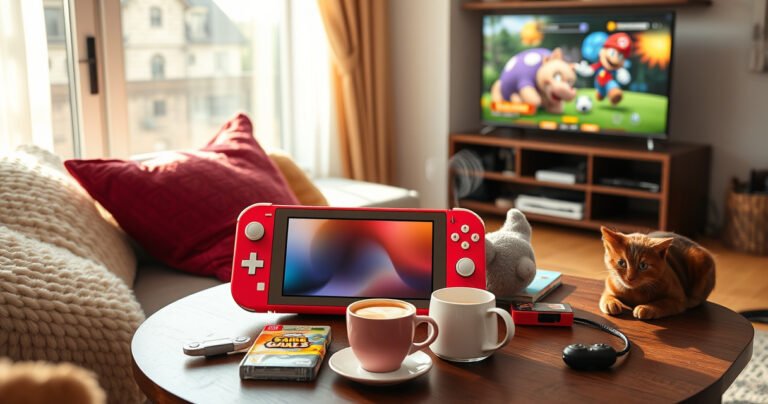 A vibrant Nintendo Switch Lite resting on a cozy living room table, surrounded by colorful game cartridges, with a soft glow from a nearby TV displaying gaming graphics. Plush cushions, a steaming cup of coffee, and playful cat toys add warmth, while sunlight streams through a window, creating an inviting atmosphere for gaming enthusiasts.