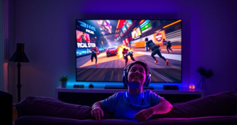 A sleek Roku TV glowing in a dimly lit modern living room, displaying a vibrant, action-packed gaming scene with high-speed visuals and smooth motion. In the foreground, a gamer on a stylish couch, eyes wide with excitement, surrounded by gaming accessories and colorful LED lights, capturing the thrill of 120 fps gaming experience.