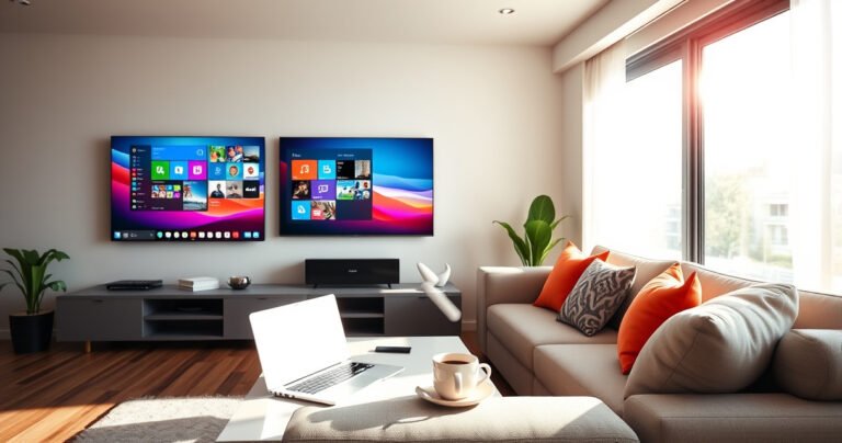 A sleek modern living room with a large smart TV displaying a vibrant desktop interface. A comfortable couch with colorful cushions faces the TV, while a stylish coffee table holds a laptop and a steaming cup of coffee. Natural sunlight streams through a window, illuminating the space and creating a warm, inviting atmosphere.