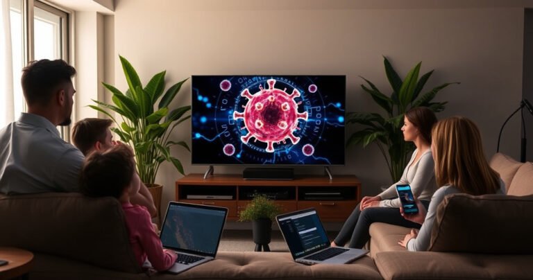 A sleek, modern living room featuring a glowing smart TV displaying a digital virus graphic, surrounded by concerned family members. Soft, ambient lighting casts shadows, emphasizing the tension. Lush green plants in the background contrast with the high-tech gadgetry, while a laptop and smartphone, both showing security alerts, hint at the digital risks lurking in the home.