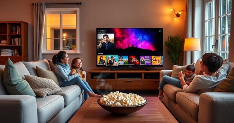 A cozy living room with a sleek smart TV displaying vibrant offline content, surrounded by plush furniture and warm lighting. A family gathers on the couch, laughing and enjoying a movie night, while a window reveals a starry night outside. A steaming bowl of popcorn sits on the coffee table, inviting and comfortable atmosphere.