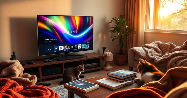A cozy living room with a sleek smart TV displaying a colorful offline screen, surrounded by scattered remote controls and cozy blankets. A curious cat lounges nearby, gazing at the TV. Warm sunlight filters through a window, illuminating a coffee table with books and snacks, creating a serene atmosphere of technology and relaxation.