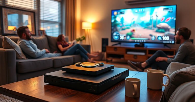 A cozy living room scene with a sleek Steam Deck on a coffee table, vibrant graphics from a game displayed on a large flat-screen TV, glowing ambient lights, a comfortable couch with pillows, a coffee mug beside the console, and excited friends gathered around, immersed in gaming, creating a warm, inviting atmosphere of fun and technology.