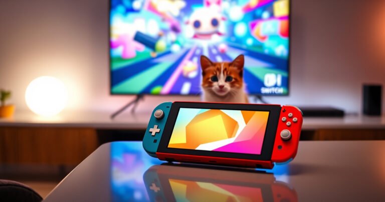 A vibrant Nintendo Switch Lite placed on a sleek, modern table, radiating colorful game graphics on a large flat-screen TV in the background. Soft ambient lighting enhances the cozy gaming atmosphere, with a pair of joy-cons beside the console and a playful cat curiously eyeing the screen, inviting viewers into the world of portable gaming.
