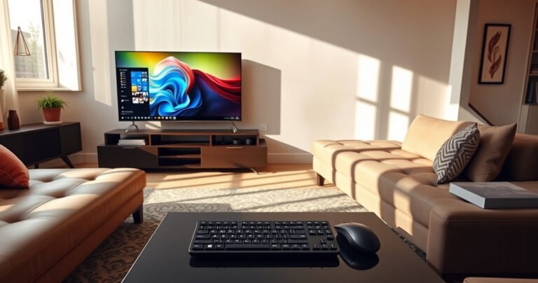 A sleek modern living room featuring a large flat-screen TV displaying a vibrant computer desktop, surrounded by a cozy couch and stylish decor. A wireless keyboard and mouse rest on a coffee table, with warm sunlight streaming through a window, casting inviting shadows on the floor, blending technology and comfort seamlessly.