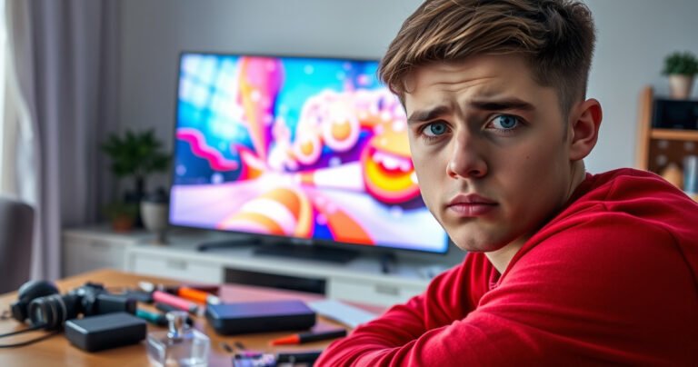 A close-up of a modern flat-screen TV displaying a frozen image, vibrant colors contrasting with a concerned young adult's face in the foreground, surrounded by tools and gadgets scattered on a living room table, soft natural light filtering through a window, creating a sense of urgency and curiosity about technology troubleshooting.