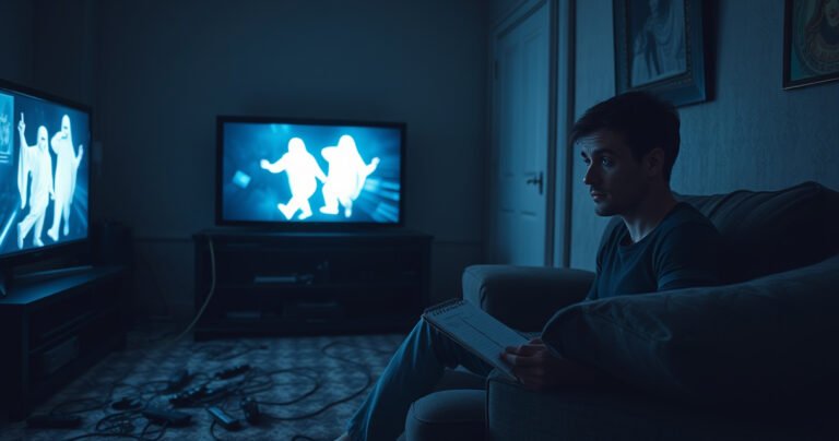 A dimly lit living room with a flickering television screen, ghostly images dancing on the display, surrounded by scattered remote controls and tangled wires. An eerie glow casts shadows on the walls, revealing a perplexed viewer sitting on a sofa, wide-eyed, gripping a notepad filled with notes on troubleshooting electronics.