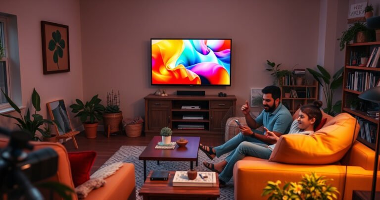 A cozy living room with a modern flat-screen TV displaying vibrant colors, surrounded by comfortable furniture and warm lighting. An antenna sits unused in the corner, while a cheerful family enjoys streaming content on devices. The room is filled with plants and books, creating a welcoming atmosphere that sparks curiosity about technology and connection.