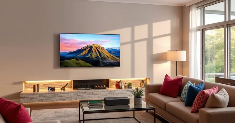A sleek living room with a modern Vizio 65-inch TV mounted on a stylish stone wall, showcasing vibrant scenes from a nature documentary. Soft ambient lighting highlights contemporary furniture, while a cozy sofa with colorful cushions invites relaxation. An elegant coffee table with a smart speaker and decorative plants completes the inviting space.