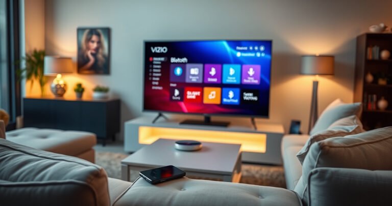 A sleek Vizio TV in a modern living room, displaying a vibrant interface with Bluetooth options. Surrounding furniture features a cozy sofa and a stylish coffee table. A smartphone rests nearby, showing a Bluetooth connection screen. Warm lighting illuminates the space, creating an inviting atmosphere that encourages tech exploration and connectivity.