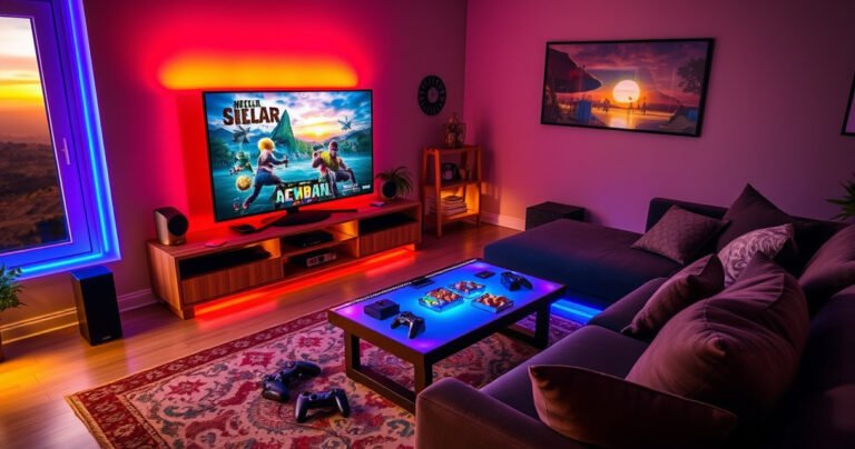 A cozy living room scene featuring a Steam Deck connected to a large TV, vibrant game graphics displayed on the screen, colorful ambient lighting, a comfortable couch with game controllers scattered around, snacks on a table, and a window showing a sunset, evoking a warm, inviting atmosphere perfect for gaming nights.