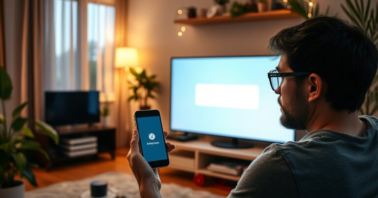 A frustrated user sitting in a cozy living room, surrounded by modern tech gadgets, staring at a Samsung TV displaying a connection error message. The warm lights create a homely atmosphere, while a smartphone in hand shows the AirPlay icon. Lush plants and a soft couch add to the inviting yet challenging scene.
