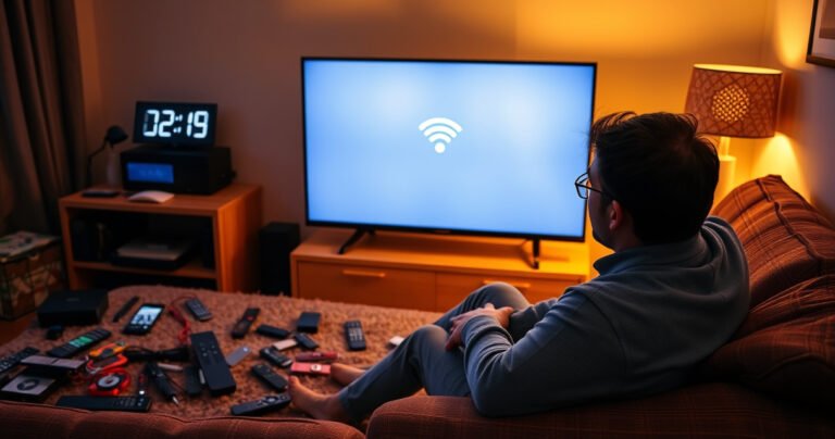 A frustrated person sitting on a cozy couch, surrounded by scattered remote controls and devices, staring at a frozen Apple TV screen. Warm, soft lighting from a nearby lamp illuminates the room, while a digital clock on the wall shows late evening. A faint hint of a wi-fi signal icon flickers on the screen, symbolizing connection troubles.