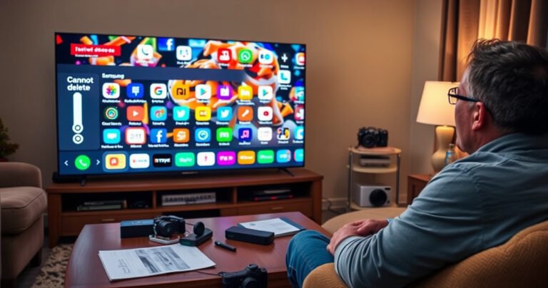 A frustrated user sitting in a cozy living room, staring at a Samsung Smart TV displaying a cluttered app menu, with colorful app icons and a large, bold "Cannot Delete" message. The room is warmly lit, with a coffee table scattered with tech gadgets and a user manual, creating an atmosphere of both comfort and frustration.