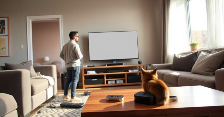 A frustrated homeowner stands in a cozy living room, staring at a sleek Sony TV displaying a blank screen, surrounded by scattered remotes and a puzzled cat. Sunlight streams through the window, illuminating the room's modern décor, while a vibrant Apple TV device lies on the coffee table, hinting at a tech troubleshooting adventure ahead.
