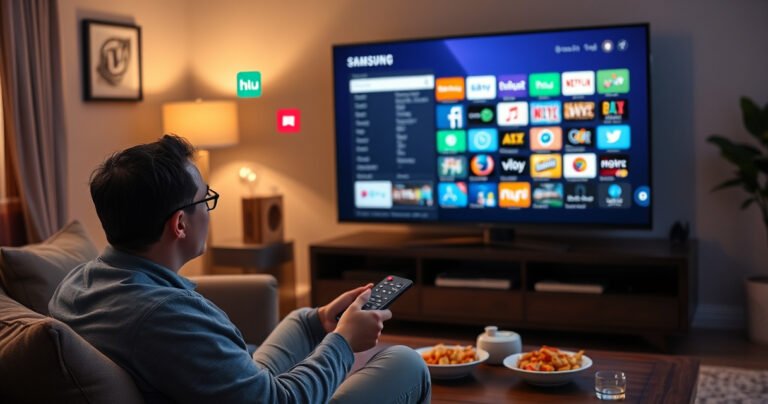 A frustrated person sitting in a cozy living room, staring at a large Samsung TV displaying a confusing menu. Bright, colorful app icons float around them, with a bold "Hulu" logo missing. The ambiance is warm, with soft lighting, snacks on a coffee table, and a remote control in hand, conveying urgency and determination.