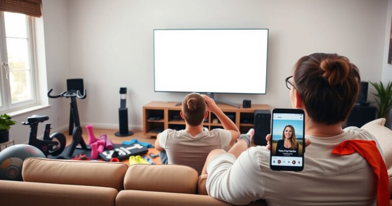 A frustrated person sitting on a cozy living room couch, surrounded by fitness equipment, staring at a large Samsung TV displaying a blank screen. Bright workout gear scattered around, a smartphone in hand showing the Peloton app. Soft natural light streaming through a window, creating a warm yet chaotic atmosphere of modern home fitness.