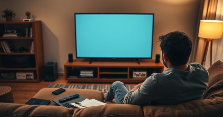 A frustrated user sitting in a cozy living room, surrounded by modern technology, staring at a large Sony TV displaying a blank screen. A remote control lies on the couch beside them, with scattered notes and a laptop showing a YouTube logo. Warm lighting enhances the sense of urgency and confusion in the space.