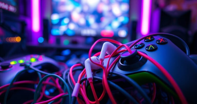 A close-up of vibrant, tangled cords in a chaotic gaming environment, featuring sleek Apple earbuds intermingled with a modern Xbox controller. Neon gaming lights cast colorful glows, while a blurred screen displays an intense gaming scene, creating a dynamic contrast between music and gaming. The atmosphere buzzes with excitement and technology.