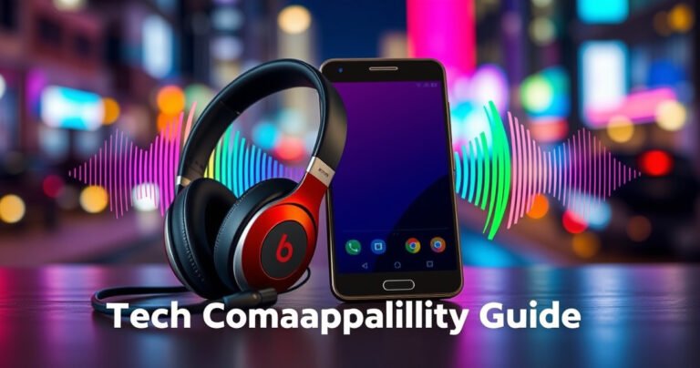 A sleek pair of Beats earphones rests against a vibrant Android smartphone, surrounded by colorful soundwave graphics. The background features a blurred urban landscape with neon lights, symbolizing connectivity and modern technology. The scene captures an energetic vibe, showcasing harmony between style and functionality, perfect for a tech compatibility guide.