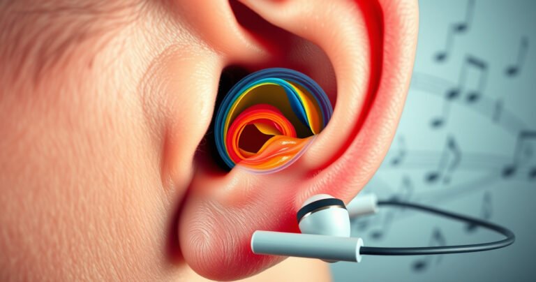 A close-up of a human ear with a colorful swirl of earwax visually merging into a pair of sleek, modern earbuds resting beside it. Soft lighting highlights the texture of the ear and wax, while a subtle background of music notes conveys the connection between sound and ear health, creating a thought-provoking and engaging image.