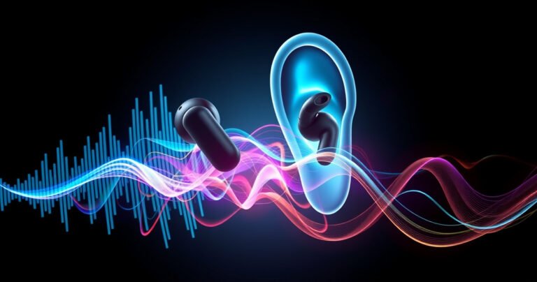 An abstract visualization of sound waves emanating from a pair of sleek, modern earbuds, tangled in vibrant colors against a dark background. Illustrate pulsating frequencies and waves merging with a human ear silhouette, symbolizing the connection between technology and hearing health, with subtle hints of tension and discord to represent the risks of tinnitus.