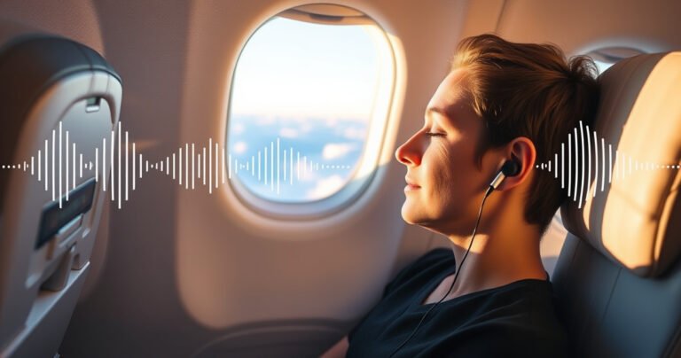 A serene airplane interior with a passenger comfortably seated, wearing sleek, modern earbuds. The cabin is softly lit, clouds visible through the window, and a gentle blue sky outside. The passenger looks relaxed, earbuds glowing slightly, while a graphic overlay of sound waves and pressure symbols subtly enhances the scene, illustrating the connection between sound and comfort.