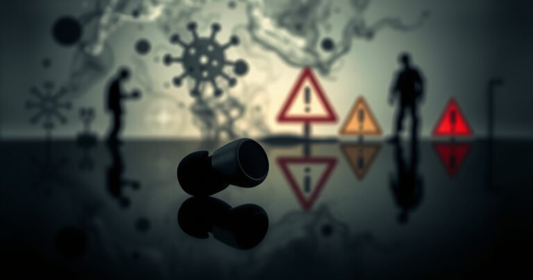A close-up of an earbud resting on a dark, reflective surface, surrounded by swirling, ominous smoke that morphs into abstract shapes representing cells. In the background, faint silhouettes of medical symbols and warning signs emerge, creating a stark contrast against the earbud's sleek design, evoking curiosity and concern about technology and health.