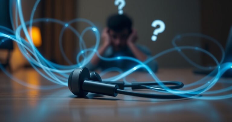 A close-up view of sleek, modern earphones resting on a wooden desk, surrounded by swirling, ethereal wisps of translucent blue light symbolizing radiation. In the background, a faint silhouette of a worried person listening, with a question mark hovering above their head, creating an atmosphere of curiosity and intrigue about technology and health.