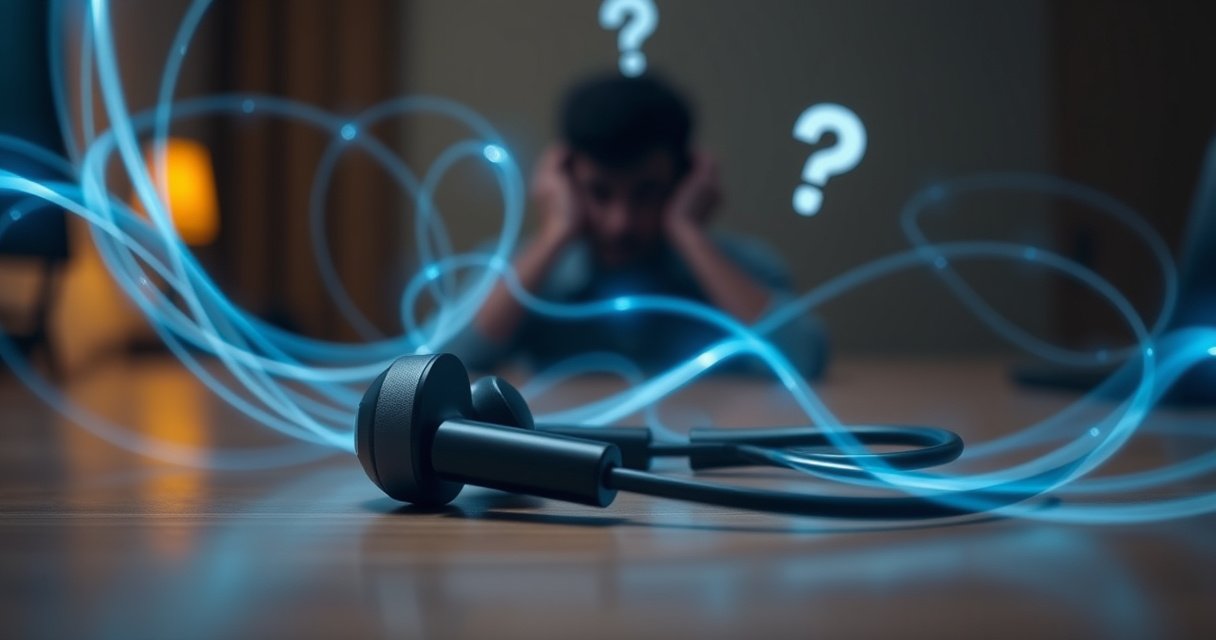 A close-up view of sleek, modern earphones resting on a wooden desk, surrounded by swirling, ethereal wisps of translucent blue light symbolizing radiation. In the background, a faint silhouette of a worried person listening, with a question mark hovering above their head, creating an atmosphere of curiosity and intrigue about technology and health.