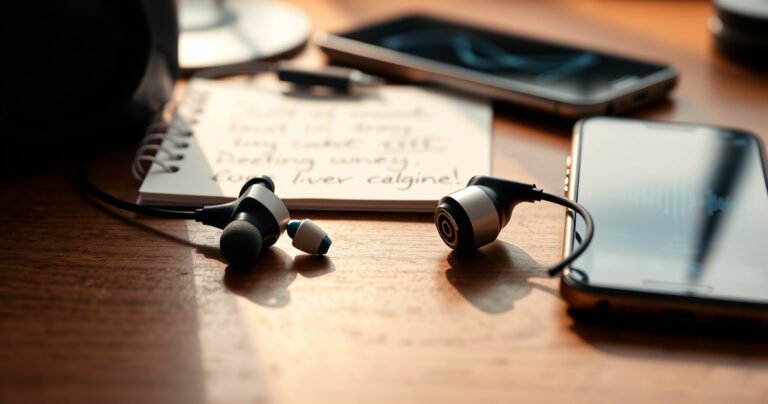 A close-up of stylish earphones resting on a wooden desk, with one earbud slightly detached, revealing the tiny microphone. Soft, warm lighting casts gentle shadows, highlighting the sleek design and intricate details. A notepad with handwritten notes and a smartphone displaying a soundwave graphic sits in the background, hinting at a tech-savvy atmosphere.