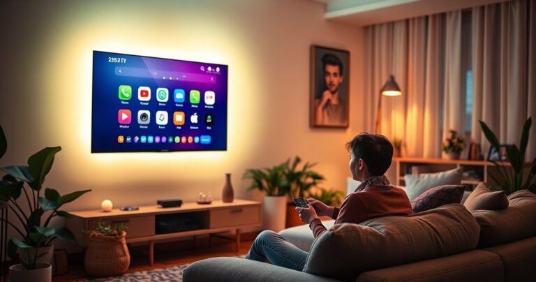 An inviting living room illuminated by soft, warm light, showcasing a sleek, modern smart TV on the wall. A curious person sits on a cozy couch, remote in hand, surrounded by vibrant plants and stylish decor. A gentle glow emanates from the TV screen, displaying colorful app icons, sparking intrigue about connectivity and technology.