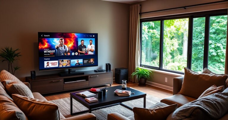 A cozy living room featuring a sleek smart TV displaying vibrant streaming content, surrounded by plush furniture, a warm, inviting atmosphere with soft lighting. A coffee table holds a remote, snacks, and modern gadgets, while a window reveals a lush green view outside, symbolizing the balance between traditional cable and modern streaming options.