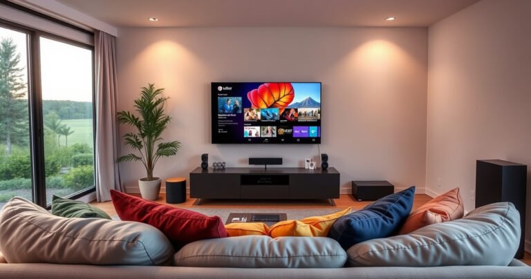 A sleek, modern living room featuring a state-of-the-art smart TV displaying vibrant streaming content. A cozy couch with colorful pillows faces the TV, surrounded by smart home devices. Soft ambient lighting casts a warm glow, and a window reveals a serene outdoor view, emphasizing a blend of technology and comfort in daily life.
