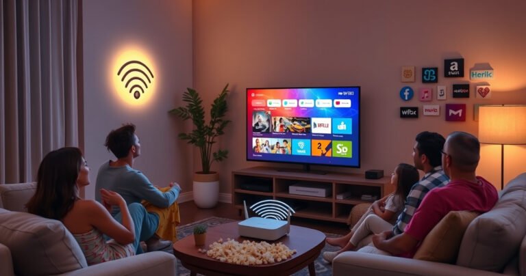 A cozy living room with a sleek smart TV displaying a vibrant streaming interface, surrounded by a family enjoying movie night. Soft ambient lighting, plush sofas, and popcorn scattered around. A WiFi router glows in the corner, symbolizing connectivity. Wall art featuring digital icons representing various streaming services adds a modern touch.