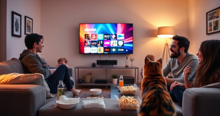 A cozy living room with a sleek modern sofa, a vibrant wall-mounted screen displaying a colorful Chromecast interface, scattered popcorn bowls, and a glowing warm light from a stylish lamp. A curious cat watches intently as a family gathers, laughter and excitement filling the space, surrounded by subtle tech gadgets and cozy decor.