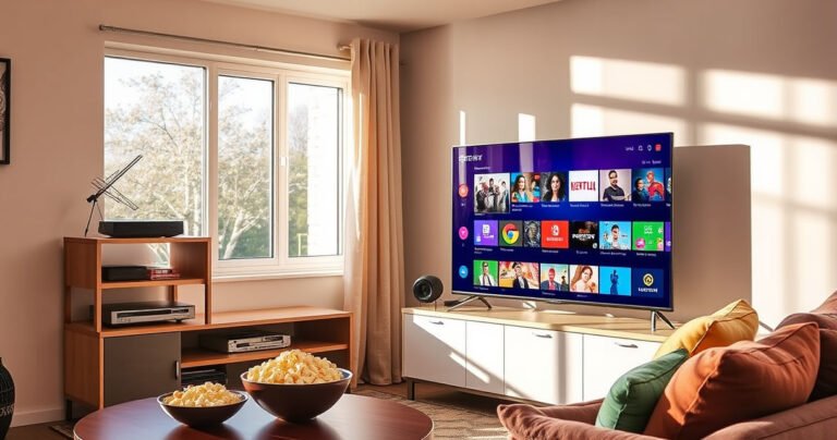 A cozy living room with a sleek smart TV displaying vibrant streaming content, a stylish antenna perched on a nearby shelf, sunlight streaming through a window, casting warm shadows. A comfy sofa with colorful cushions and a bowl of popcorn on a coffee table, inviting viewers to enjoy an entertainment-rich atmosphere.