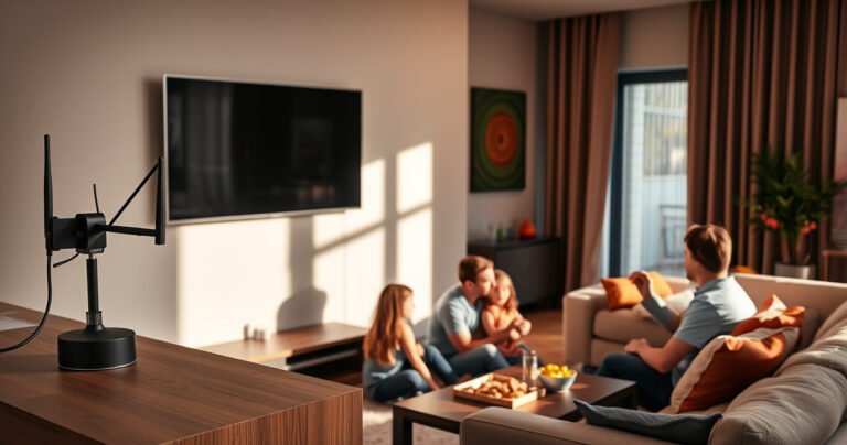 A modern living room with a sleek smart TV mounted on the wall, surrounded by cozy furniture. An antenna sits on a stylish shelf, catching sunlight. A family is gathered, enjoying a movie, with snacks on a coffee table. Soft lighting and vibrant decor create an inviting atmosphere, illustrating the integration of technology and home life.