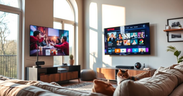 A cozy living room with a sleek smart TV mounted on the wall, displaying vibrant streaming content. An elegant antenna sits on a stylish shelf nearby, surrounded by modern decor. Soft sunlight filters through large windows, casting warm hues on plush furniture. A curious cat lounges nearby, eyeing the TV, creating a homely, inviting atmosphere.