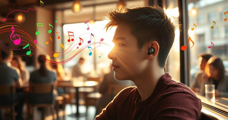 A serene scene of a person sitting in a bustling café, wearing sleek noise-cancelling earbuds, surrounded by swirling sound waves and colorful musical notes dissipating into silence. Sunlight filters through the window, casting warm hues on the focused face, symbolizing tranquility amidst chaos. The contrast emphasizes the earbuds as a barrier between noise and peace.