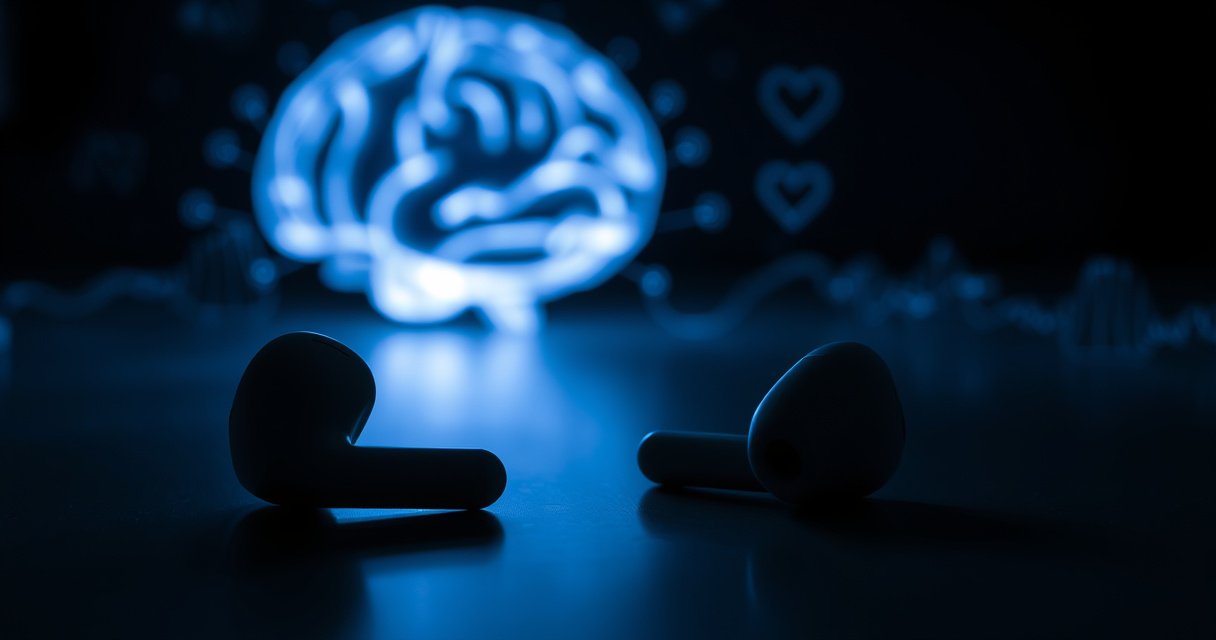 A close-up of a pair of sleek wireless earphones resting on a table, surrounded by ominous shadows. In the background, a subtle image of a human brain illuminated in soft blue light, intermingling with digital waves and abstract symbols representing technology and health. The overall mood is thought-provoking and slightly eerie, inviting curiosity about the unseen impacts of modern technology.
