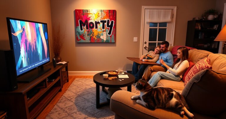 A cozy living room featuring a traditional TV with a Firestick plugged in, surrounded by plush sofas, warm lighting, and a coffee table with snacks. On the wall, a colorful abstract painting contrasts with the modern tech. A curious cat lounges nearby, while a family enjoys a movie night, creating a vibrant, inviting atmosphere.
